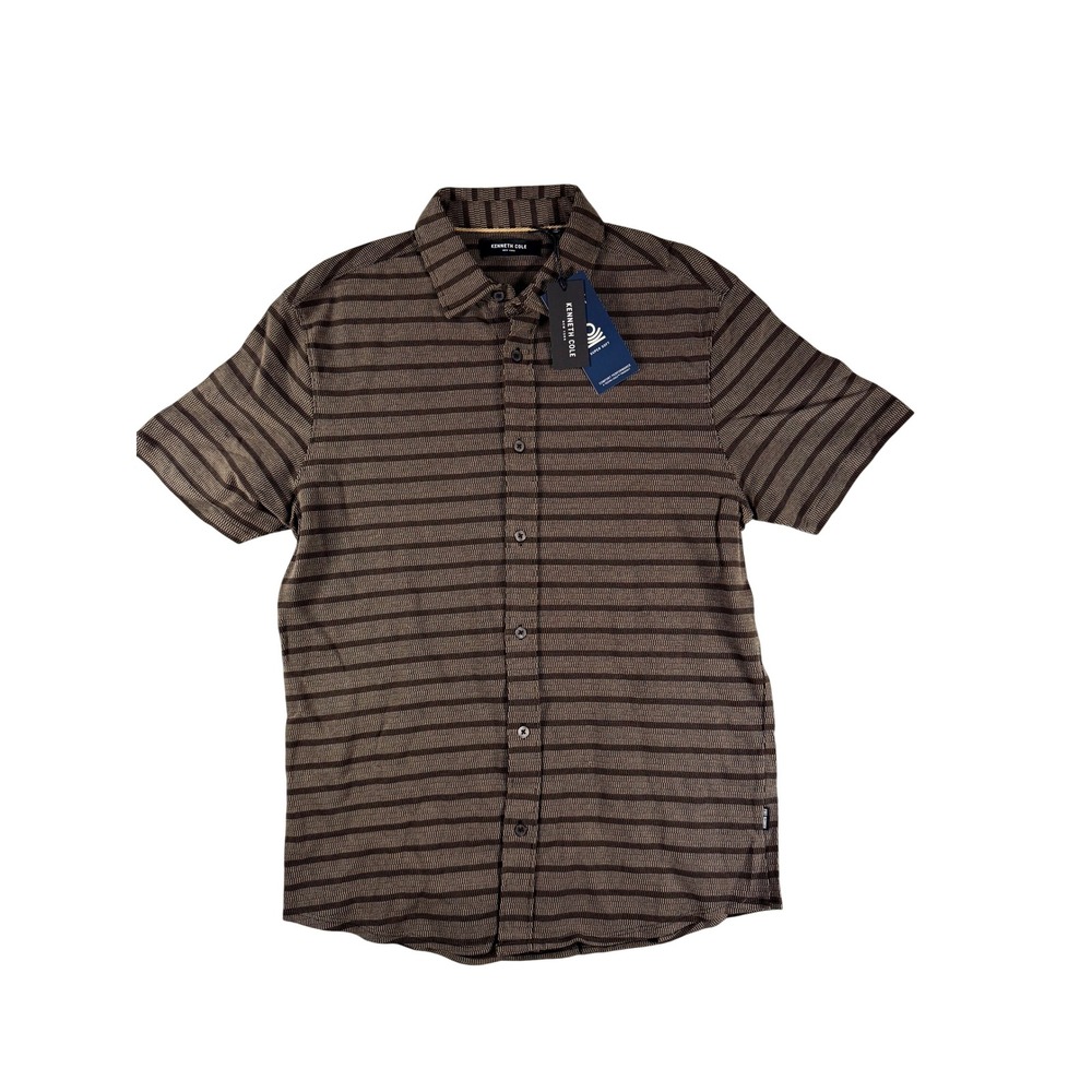 Kenneth Cole Mens Slim Fit Lightweight Knit Shirt Dark Brown Stripe Size M